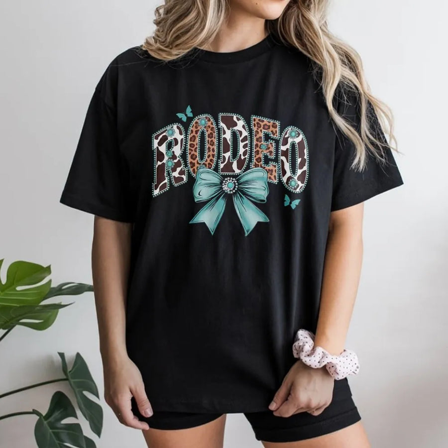 Western Rodeo T-Shirt | Coquette Bow with Cowhide & Leopard Print | Premium Cotton Tee | Gift for Country Girl