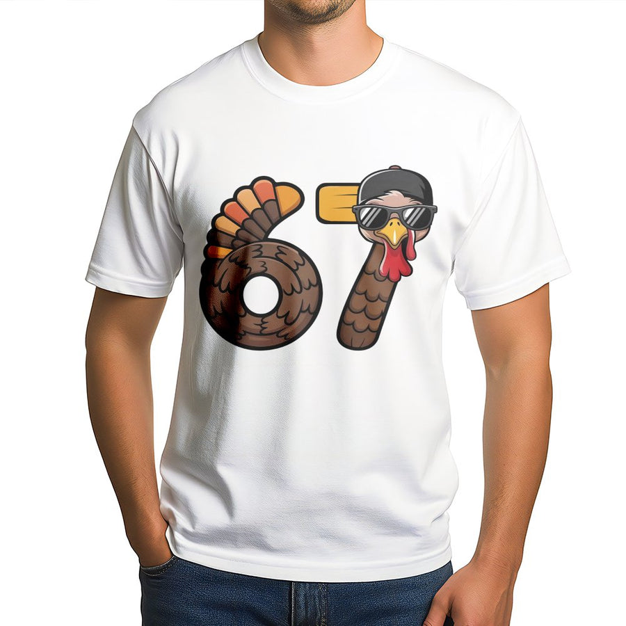 67th Birthday Thanksgiving Turkey T-Shirt | Funny Cool Turkey Graphic Design | Premium 100% Cotton Tee | Gift for Him Her Birthday and Holiday
