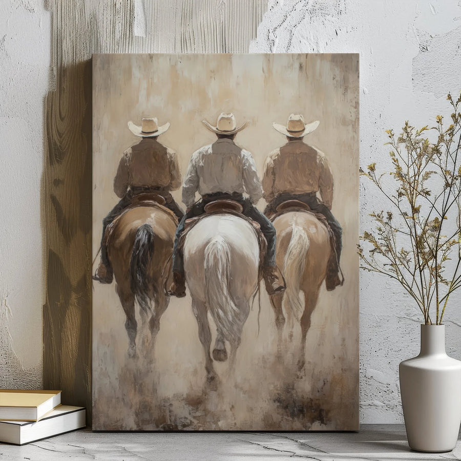 Western Canvas Wall Art | Three Cowboys Horseback Riding Painting | Premium Gallery Wrap Decor | Rustic Farmhouse Home Office Gift
