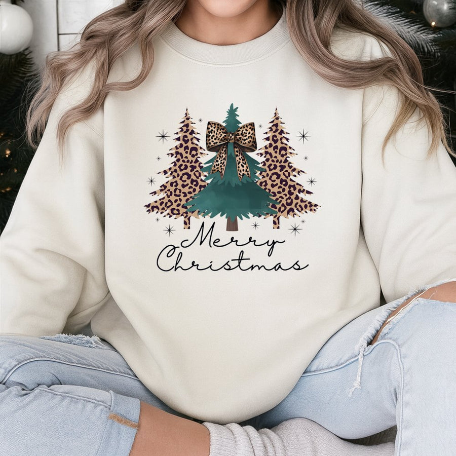 Leopard Print Christmas Tree Sweatshirt | Coquette Bow Holiday Graphic | Cotton Blend Premium Crewneck | Merry Christmas Gift for Women