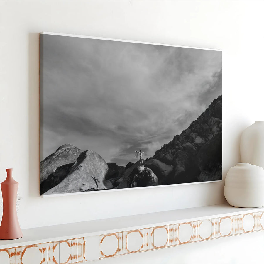Black and White Fine Art Canvas | Surreal Winged Figure Photography | Premium Gallery Wrap Print | Modern Minimalist Home Decor