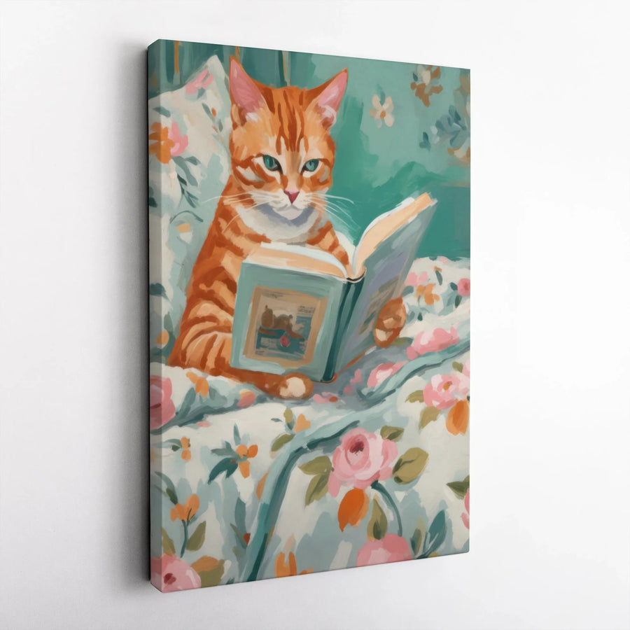 Orange Cat Reading Book Canvas Art | Whimsical Floral Bedside Painting | Gallery Wrapped 1.25 Inch Thick Premium Decor | Perfect Gift For Cat Lovers