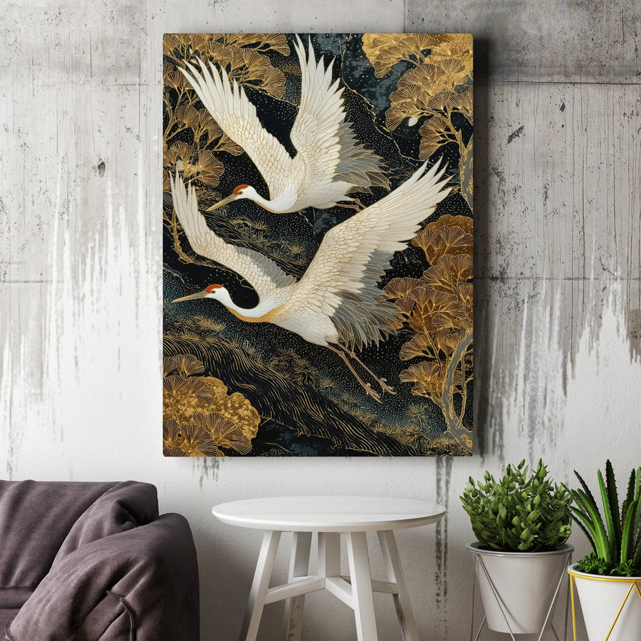 Japanese Crane Vertical Canvas | Gold Ginkgo and Bird Art Print | Premium Gallery Wrapped Canvas | Modern Zen Living Room Wall Decor Gift