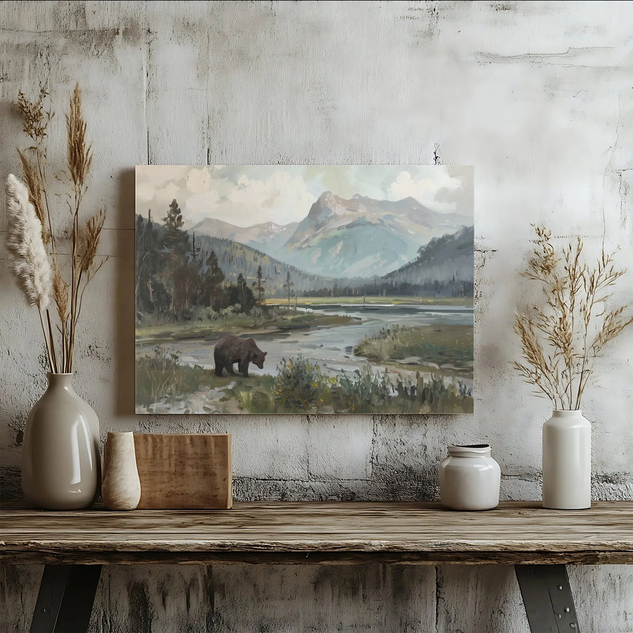 Grizzly Bear Landscape Canvas Print | Mountain River Forest Wall Art | 1.25" Gallery Wrap | Wildlife Cabin Decor Gift