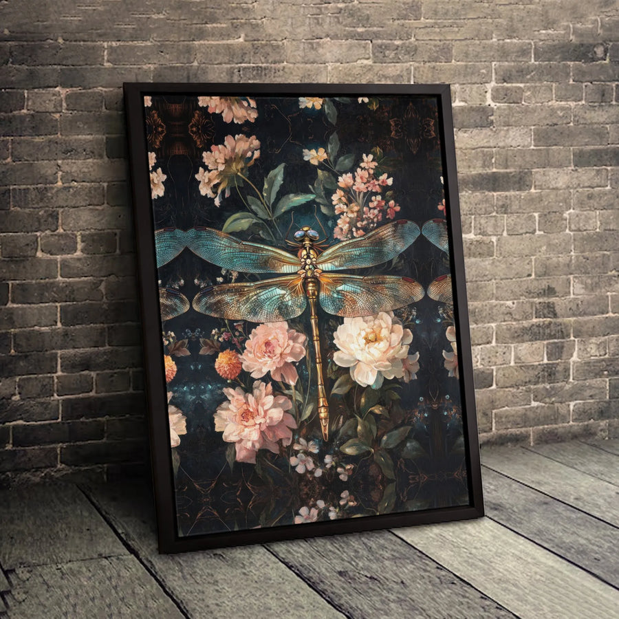 Dragonfly Canvas Wall Art | Vintage Dark Floral Peony Botanical Print | 1.25 Inch Gallery Wrap | Premium Home Decor Gift