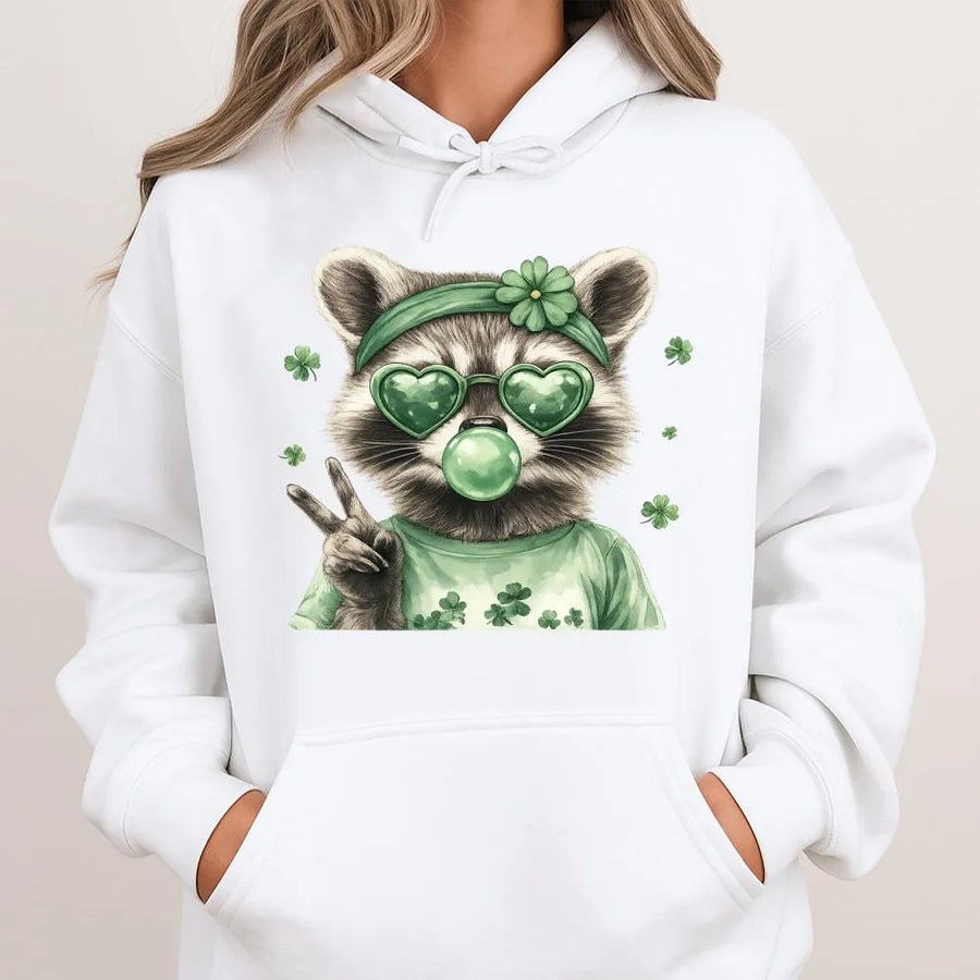 St Patrick Day Raccoon Hoodie | Cute Heart Glasses Bubble Gum Graphic | Premium Cotton Blend Sweatshirt | Fun Irish Gift for Men and Women