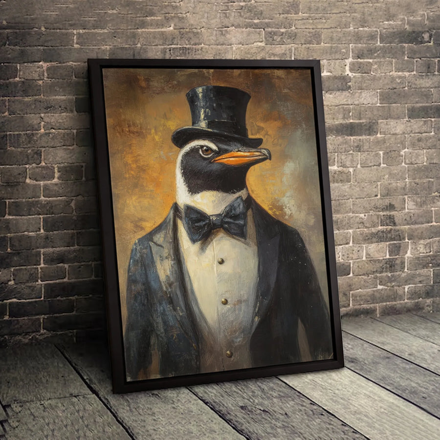 Penguin Wall Art | Dapper Gentleman in Tuxedo and Top Hat | Premium Gallery Wrap Canvas | Whimsical Animal Portrait for Office or Home Decor