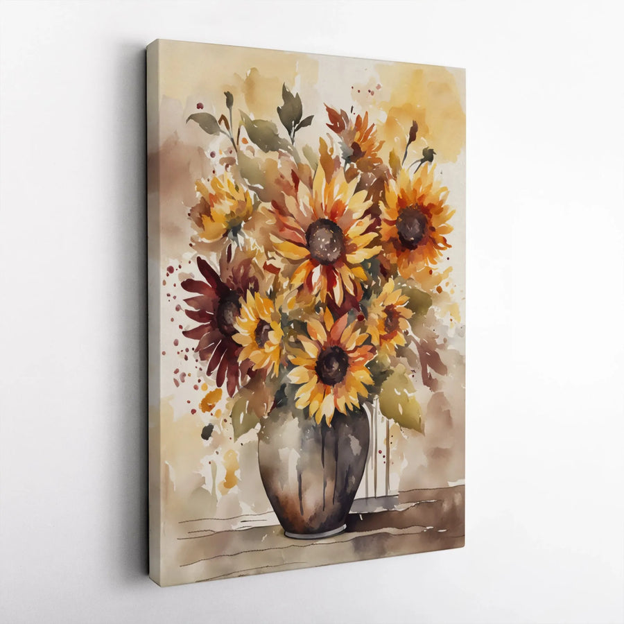 Watercolor Sunflower Bouquet Canvas | Rustic Floral Art Print in Vase | Premium Gallery-Wrapped Wall Decor | Farmhouse Living Room Gift Idea
