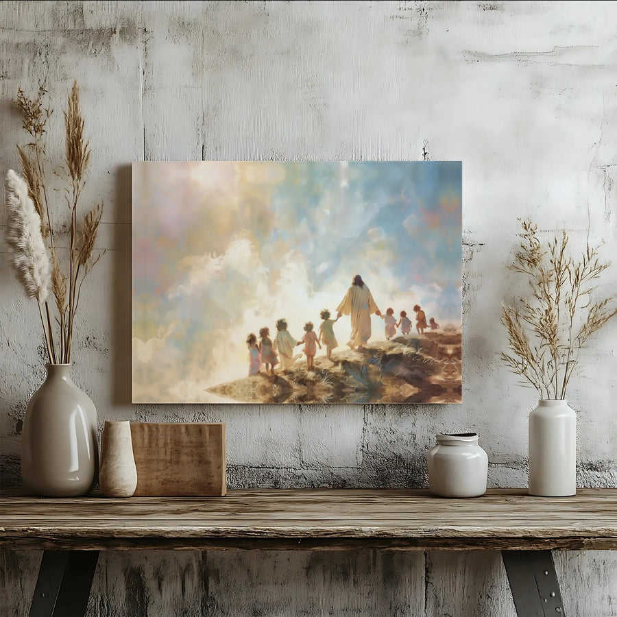 Jesus Leading Children To Heaven Canvas | Christian Religious Wall Art | Premium 1.25-Inch Gallery Wrap | Spiritual Home Decor Gift