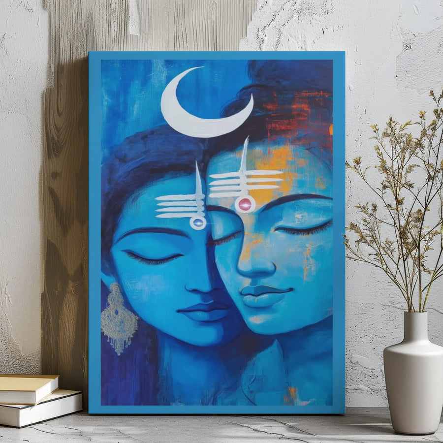 Ardhanarishvara Canvas Art | Shiva Parvati Spiritual Blue Wall Decor | Premium Stretched Gallery Wrap | Hindu Meditation Home Gift