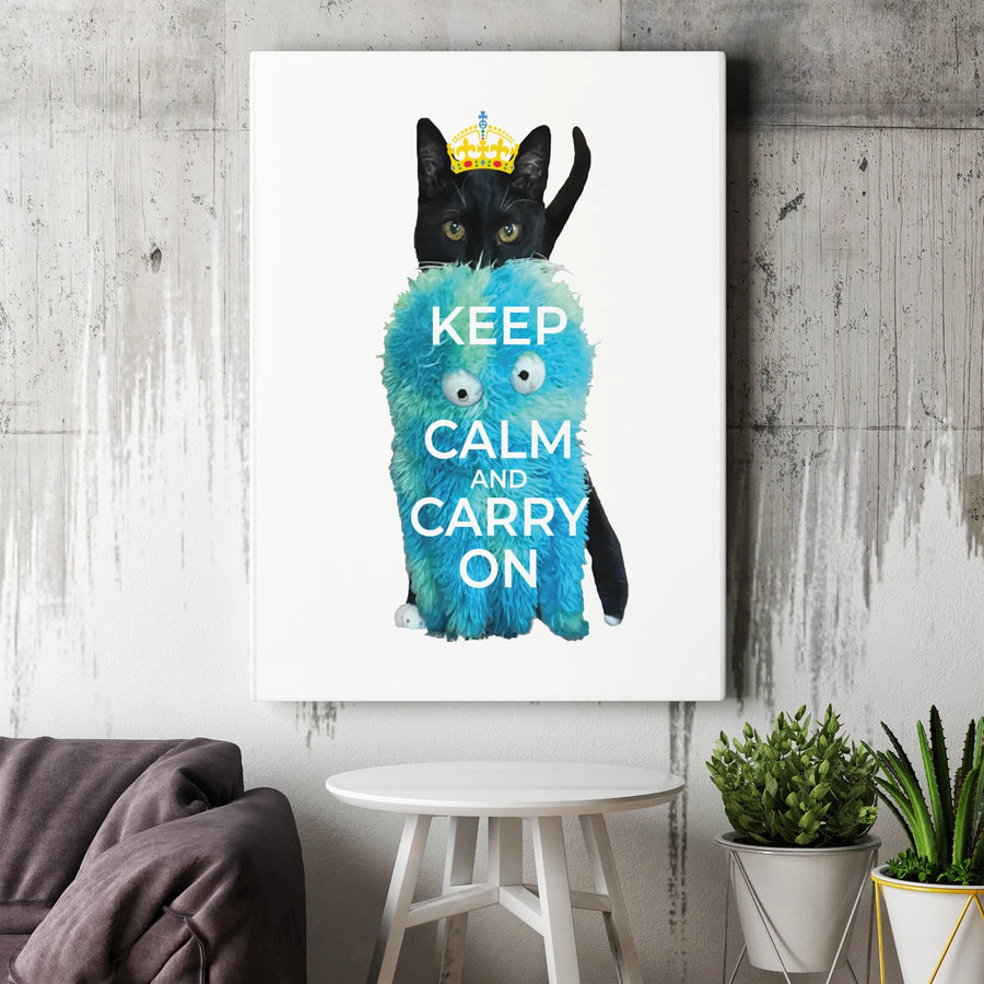 Funny Cat Keep Calm Canvas Wall Art | Black Cat with Crown & Monster Design | Premium Gallery Wrap Canvas | Humorous Home Decor Gift for Cat Lovers