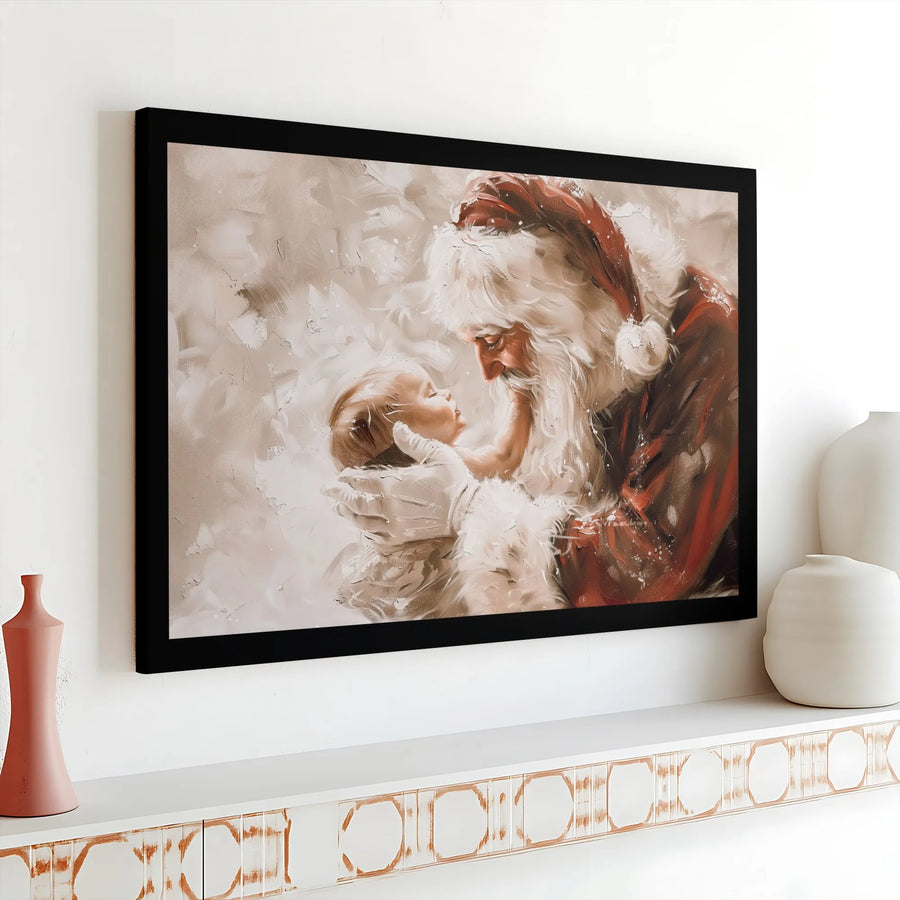 Santa Claus Holding Baby Canvas Wall Art | Whimsical Oil Painting Print | Gallery Wrapped 1.25" Depth | Christmas Home Decor Gift for New Parents