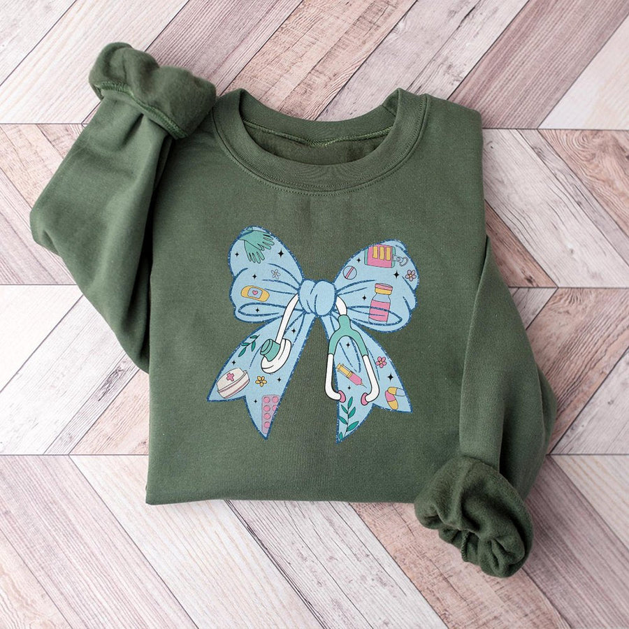 Nurse Coquette Bow Sweatshirt | Stethoscope Medical Graphic Print | Premium Cotton-Poly Blend | Cute Gift for Nurses and Nursing Students
