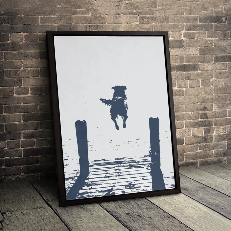 Dog Jumping off Dock Canvas Art | Minimalist Silhouette Wall Decor | Gallery-Wrapped Premium Print | Nature Lover Gift for Living Room