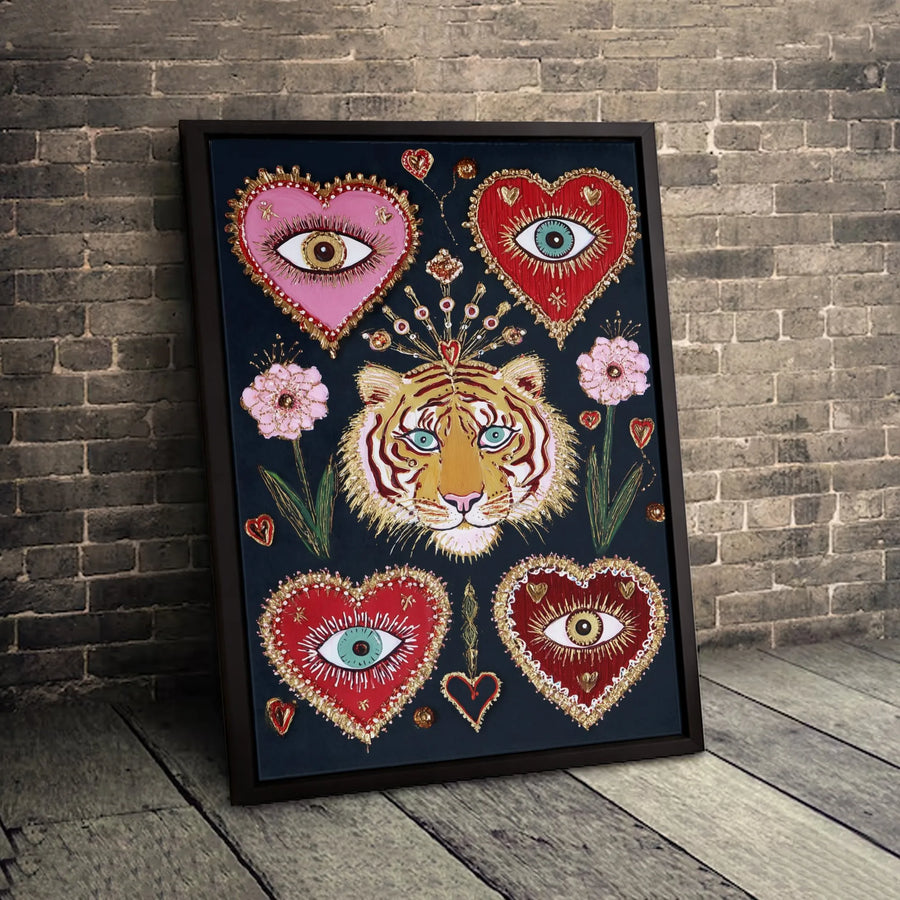 Crowned Tiger Canvas Art | Mystical Evil Eye Hearts & Floral Print | Premium Fade-Resistant Gallery Wall | Unique Boho Home Decor Gift