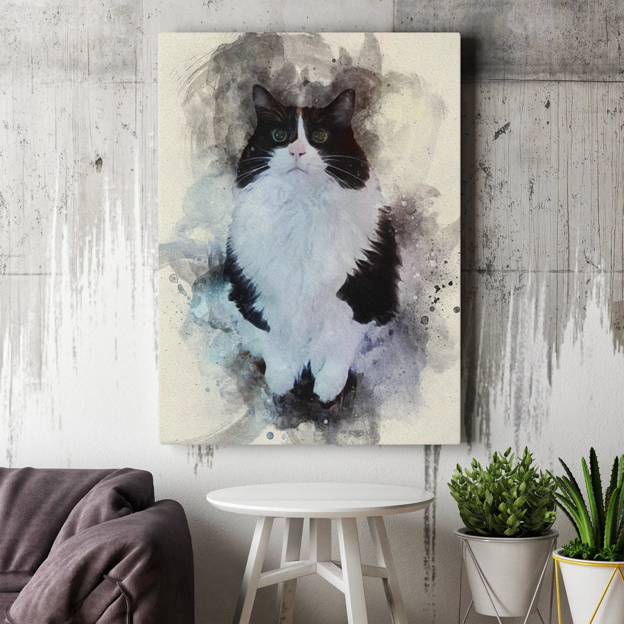 Tuxedo Cat Wall Art | Watercolor Black and White Portrait | Premium Gallery Wrap Canvas | Unique Cat Lover Gift for Home Decor
