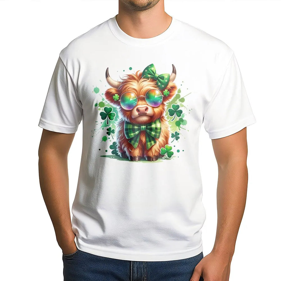 St. Patrick’s Day Highland Cow T-Shirt | Funny Irish Shamrock Graphic Tee | Premium Cotton Soft Shirt | Cute Farm Animal Gift for Women Men