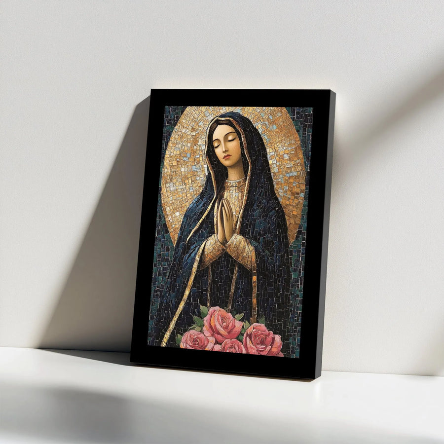 Virgin Mary Wall Art | Religious Mosaic Style Portrait with Roses | Premium Gallery Wrapped Canvas | Catholic Home Decor Gift for Faith