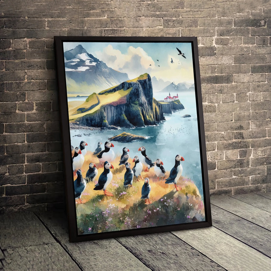 Puffin Wall Art Canvas | Coastal Cliff Landscape Painting | Premium Gallery Wrap Print | Bird Lover Nature Home Decor