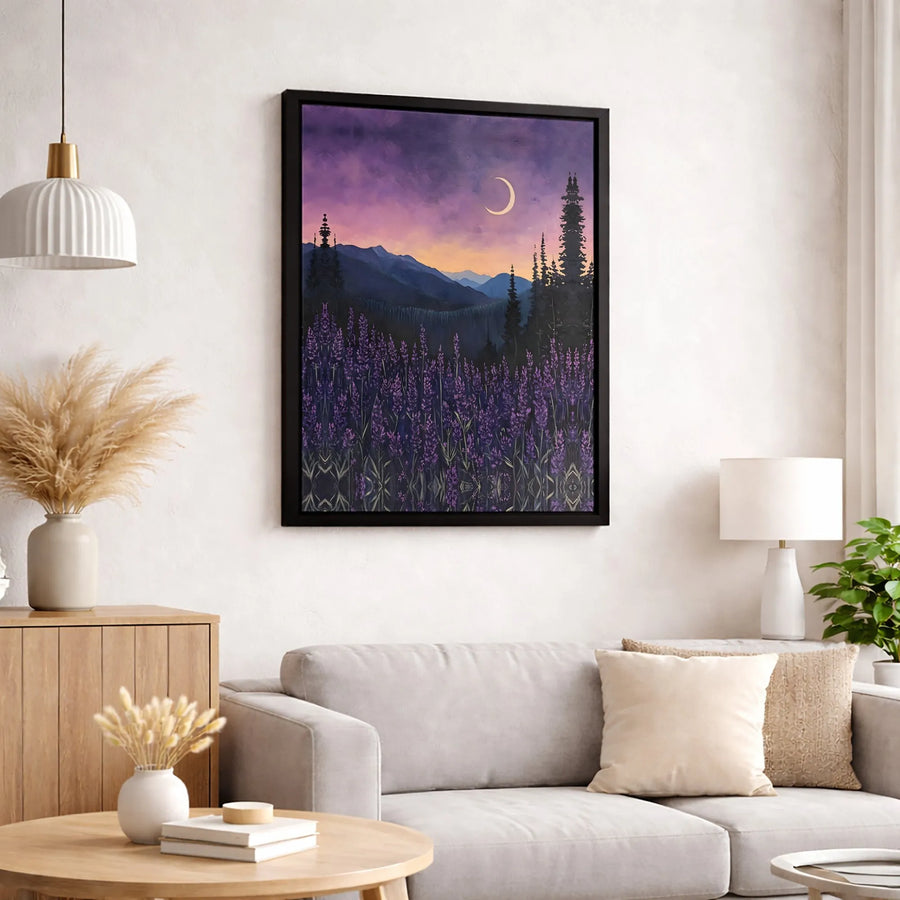 Lavender Field Canvas Art | Mountain Landscape with Crescent Moon | Premium Fade-Resistant Print | Wall Decor for Bedroom or Living Room
