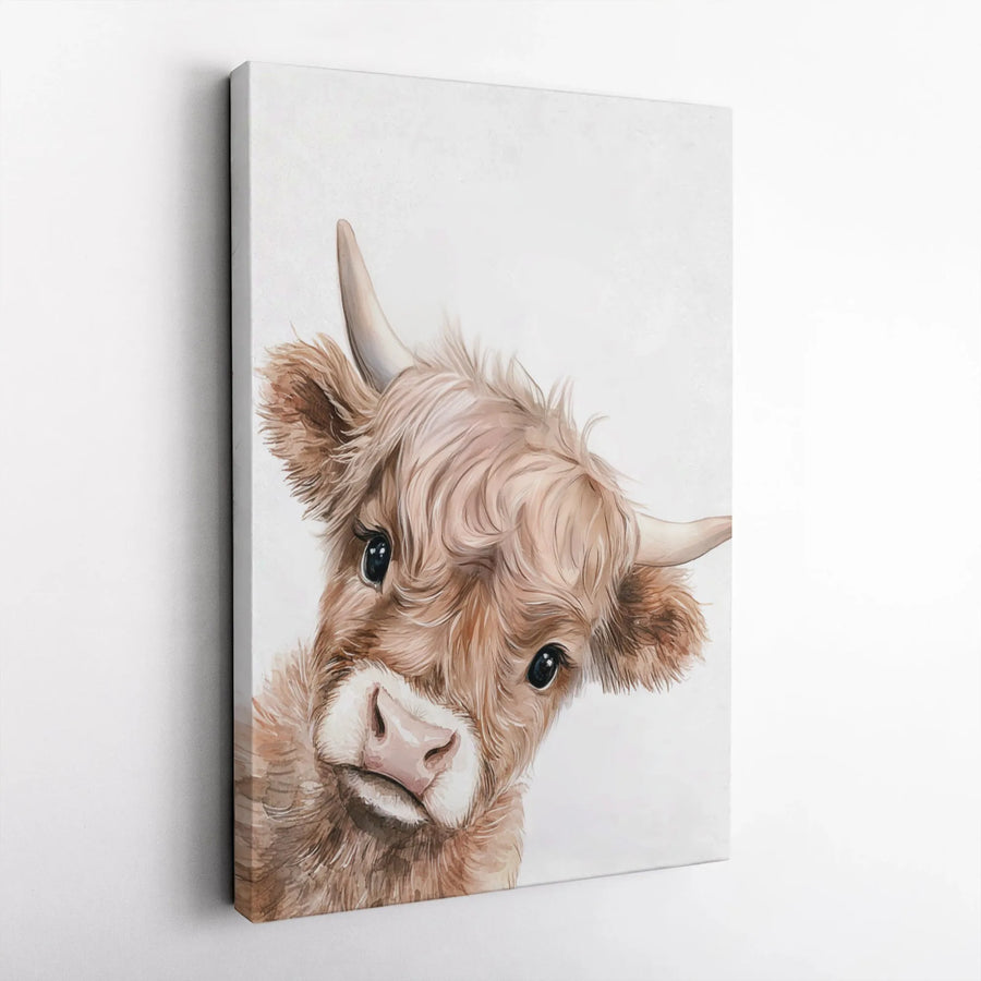 Baby Highland Cow Wall Art | Watercolor Farm Animal Print | Premium 1.25" Gallery Canvas | Rustic Nursery Decor or Farmhouse Home Gift