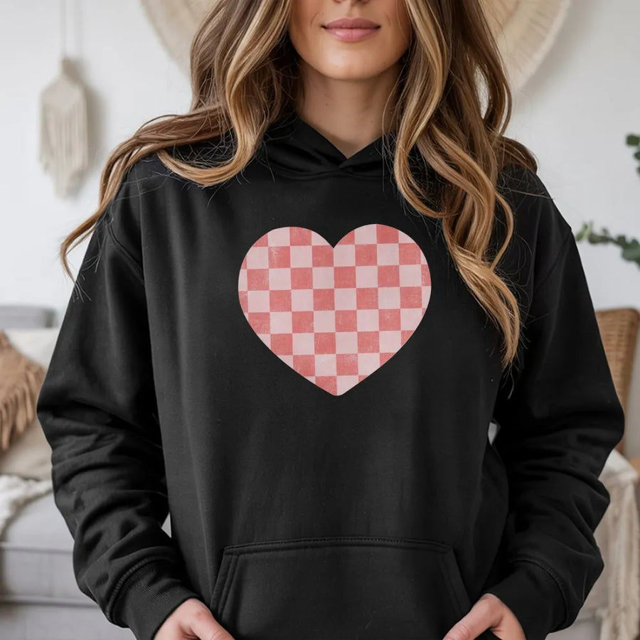 Checkered Heart Hoodie | Retro Pink Checkerboard Graphic | Premium Cotton Blend | Valentine's Day Gift for Her