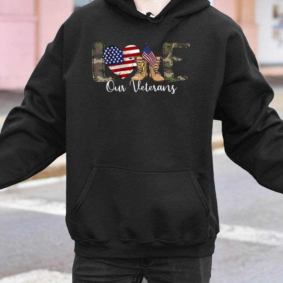 Love Our Veterans Hoodie | Patriotic American Flag Military Boots Design | Premium Cotton Blend | Unisex Military Support Gift For Him & Her