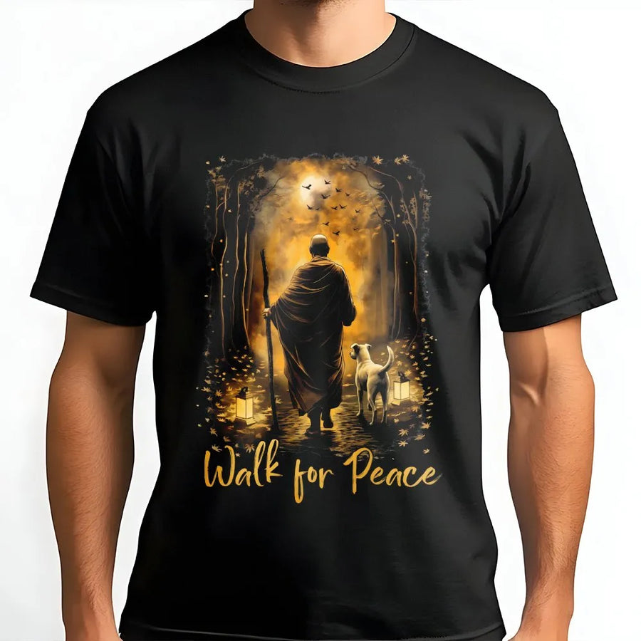 Walk For Peace T-Shirt | Zen Monk And Dog Forest Graphic | Soft Premium Cotton Tee | Spiritual Mindfulness Gift For Meditation Lovers