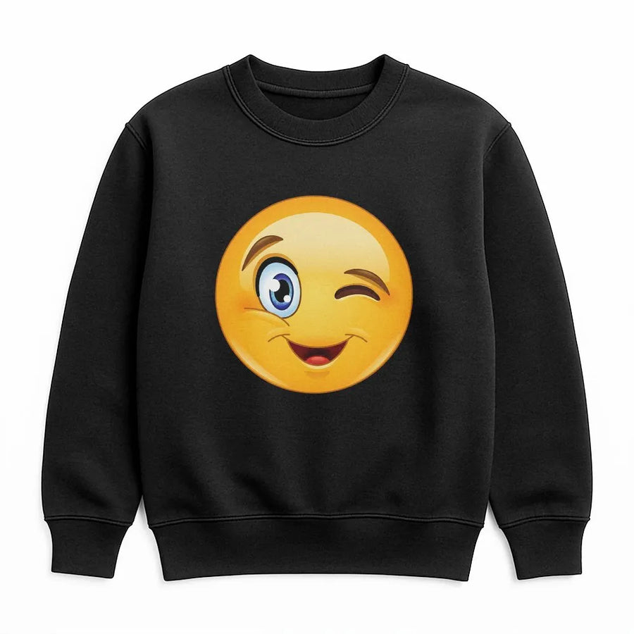 Winking Smiley Face Sweatshirt | Retro Happy Emoji Aesthetic Pullover | Premium Cotton Blend | Gift For Him And Her
