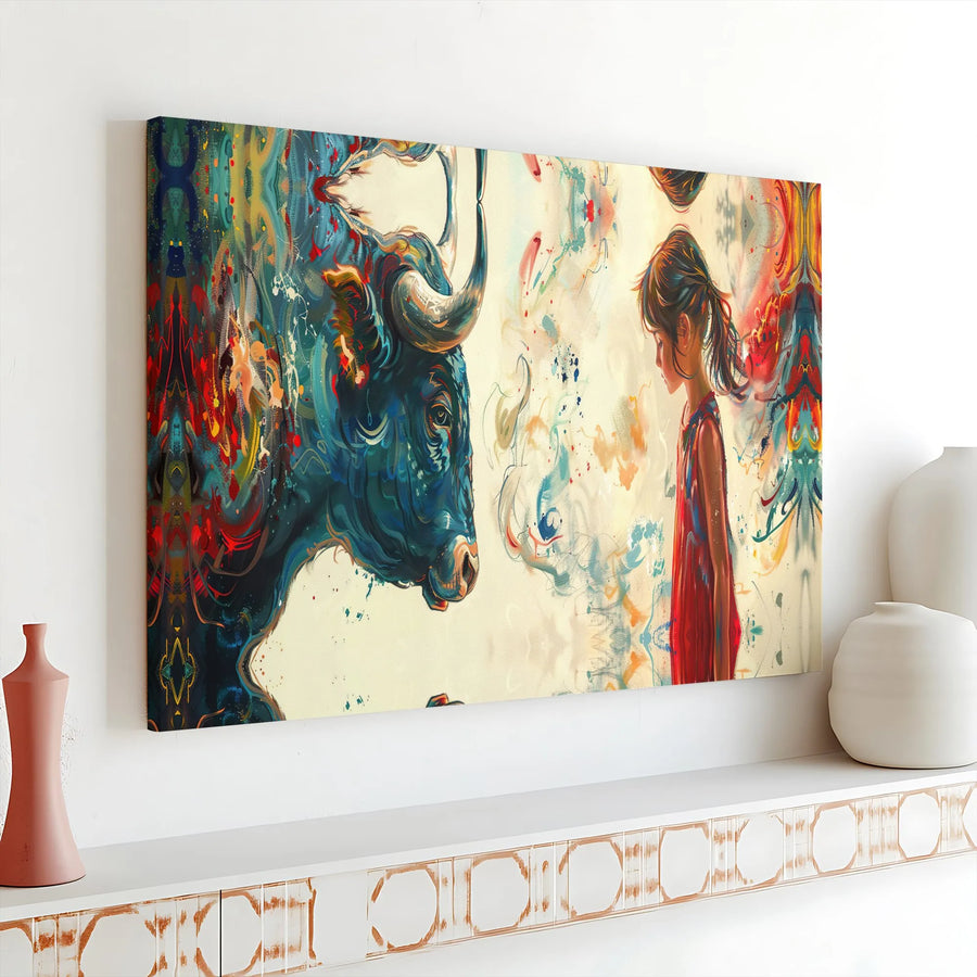 Abstract Bull and Girl Canvas Print | Colorful Surreal Wall Art | Premium Gallery-Wrap Wooden Frame | Modern Home and Office Decor