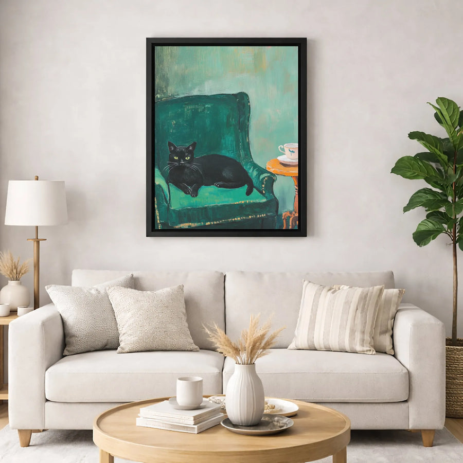 Black Cat Wall Art | Vintage Aesthetic Green Armchair Oil Painting Style | Premium Gallery Wrap Canvas | Whimsical Home Decor Gift for Cat Lovers