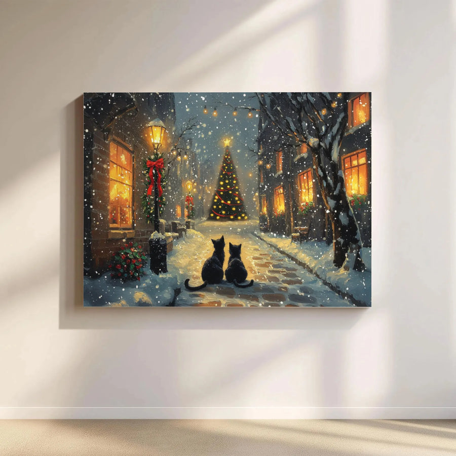 Black Cat Christmas Canvas Print | Snowy Village Holiday Street Art | Premium 1.25-Inch Gallery Wrap | Festive Winter Wall Decor Gift