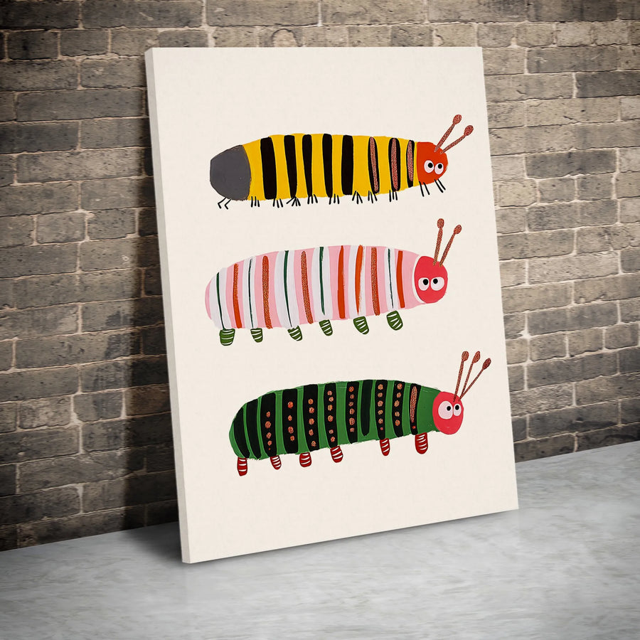 Three Colorful Caterpillars Wall Art | Whimsical Nursery Canvas Print | Premium Gallery-Wrapped Decor | Kids Room Wall Decor Gift