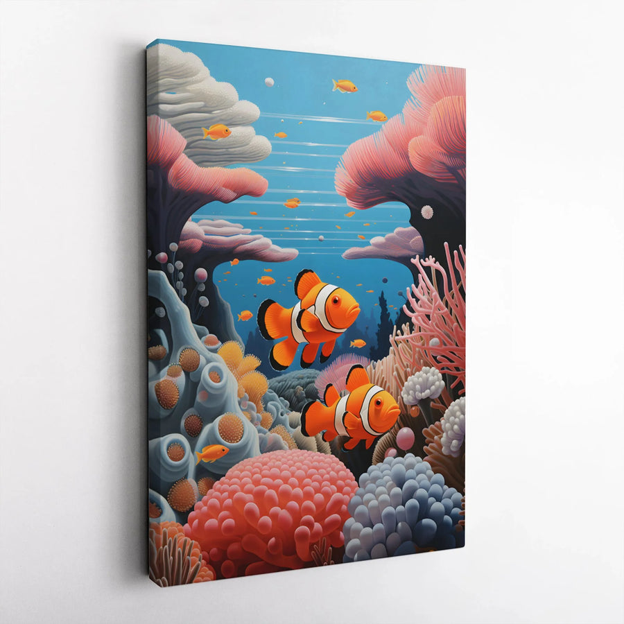 Clownfish Coral Reef Canvas Art | Vibrant Tropical Ocean Wildlife Print | 1.25 Inch Gallery Wrap | Nursery And Kids Room Wall Decor