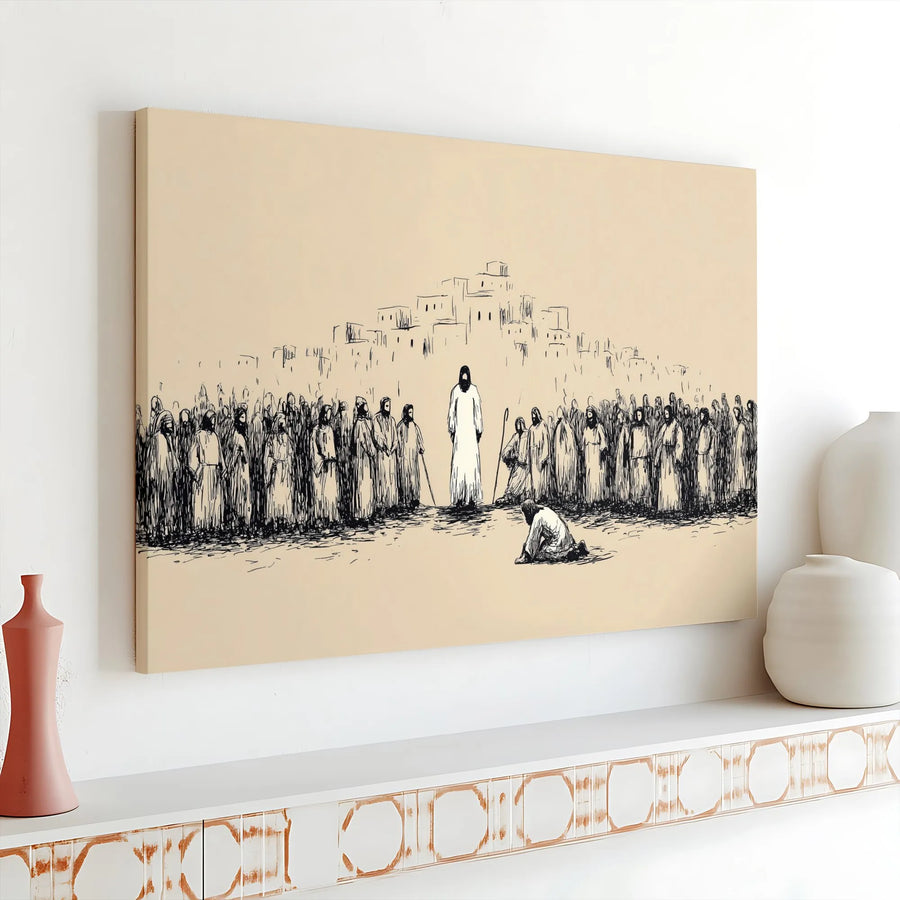 Jesus Christ Canvas Wall Art | Minimalist Biblical Sketch Illustration | Premium Gallery Wrapped Canvas | Christian Home Decor Gift
