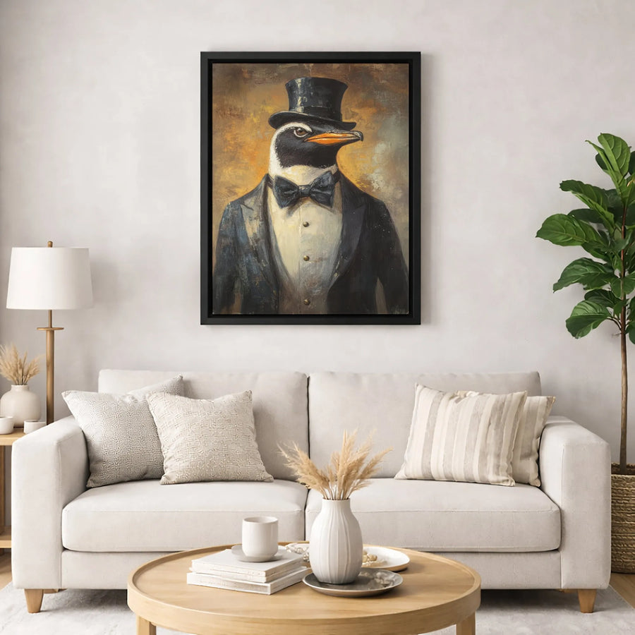 Penguin Wall Art | Dapper Gentleman in Tuxedo and Top Hat | Premium Gallery Wrap Canvas | Whimsical Animal Portrait for Office or Home Decor
