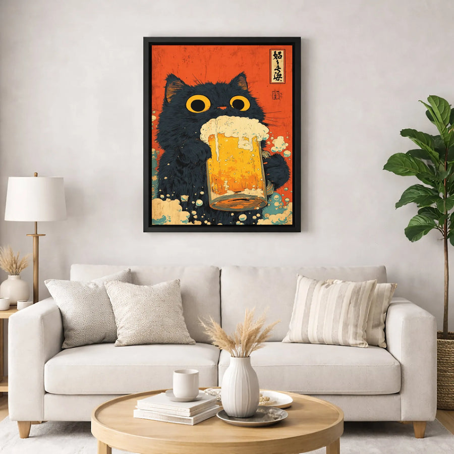 Japanese Black Cat Drinking Beer Wall Art | Ukiyo-e Style Illustration | Premium Gallery Canvas | Funny Bar Decor Gift For Beer Lovers
