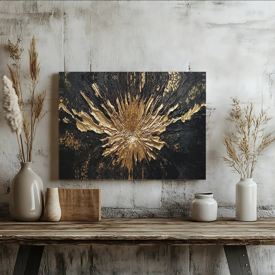 Black and Gold Abstract Canvas Wall Art | Modern Starburst Textured Oil Painting Print | Premium Gallery Wrapped Decor | Luxury Living Room Home Office Gift