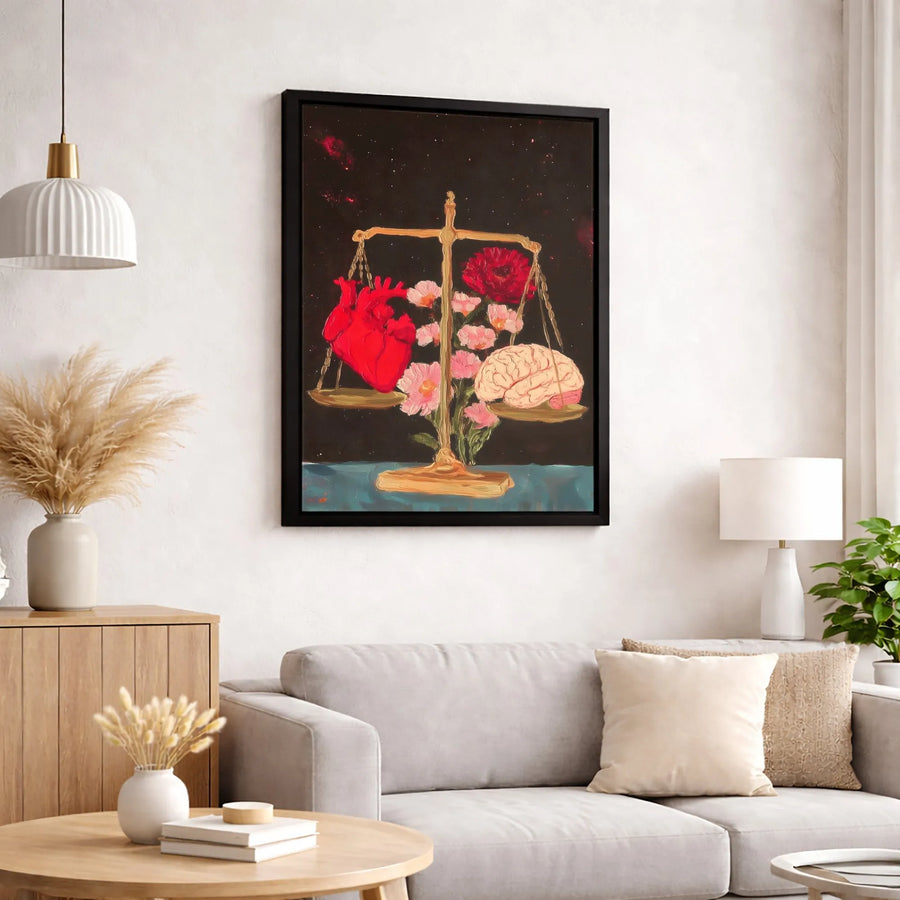 Heart and Brain Canvas Art | Anatomical Scales of Justice Floral Wall Decor | Premium 1.25" Thick Gallery Wrap | Surreal Psychology Office Gift