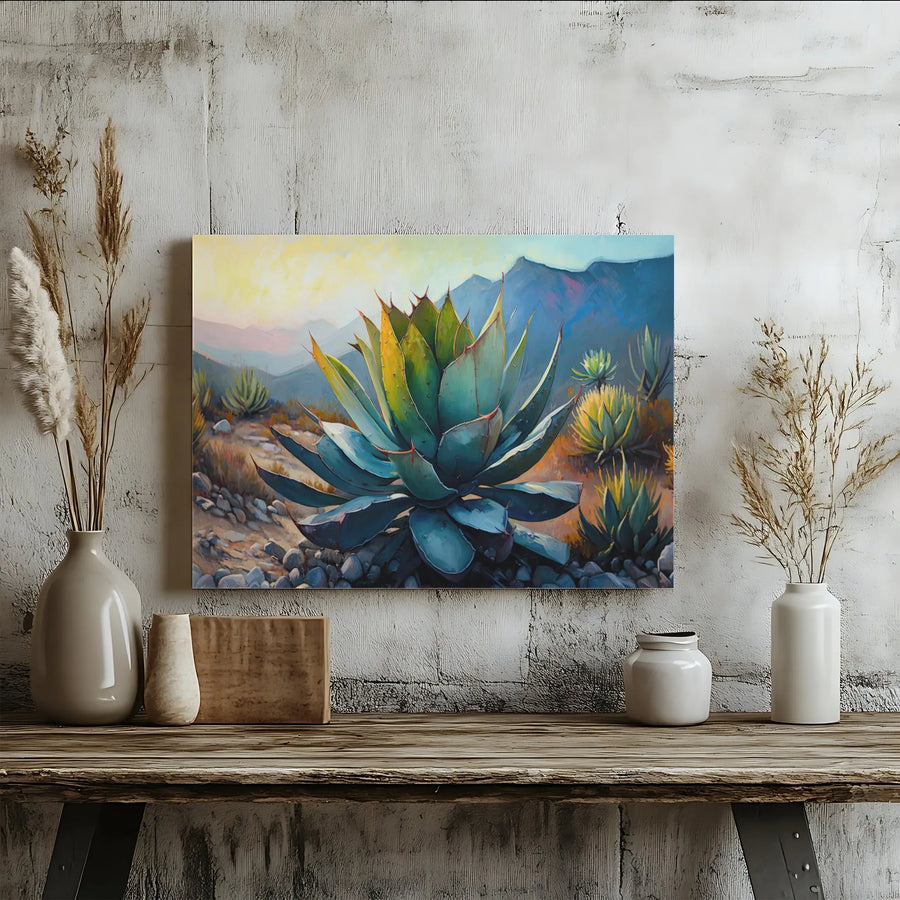 Blue Agave Desert Landscape Canvas Art | Southwestern Mountain Sunset Print | Premium Gallery Wrap Decor | Modern Wall Art for Home or Office