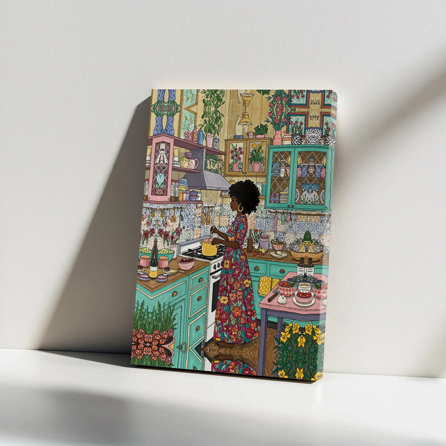 Black Woman Cooking Canvas Print | Colorful Floral Kitchen Illustration | 1.25-Inch Gallery Wrap | Bohemian Home Decor Gift for Her