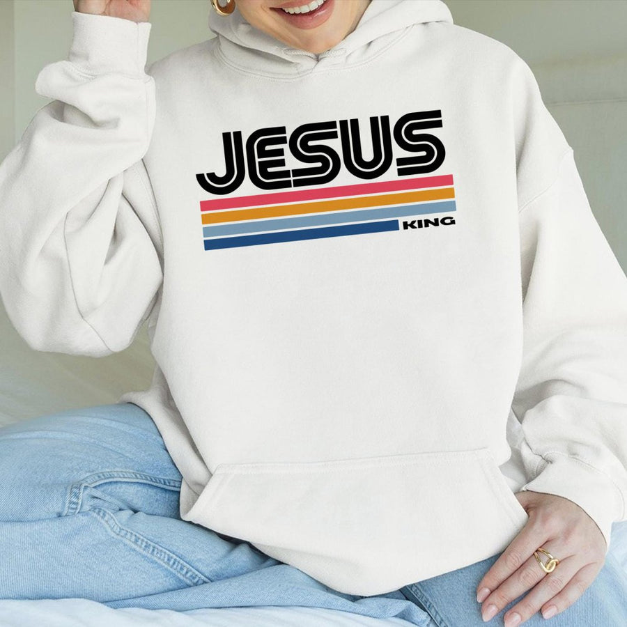 Jesus King Hoodie | Retro 70s Striped Christian Graphic | Premium Cotton-Poly Blend | Faith-Based Religious Gift for Men and Women