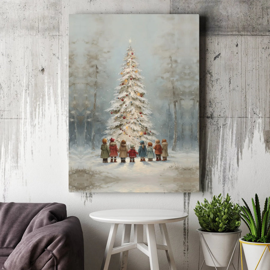 Vintage Christmas Tree Canvas Print | Children in Snow Painting | Premium Gallery Wrap Wall Art | Nostalgic Holiday Home Decor Gift
