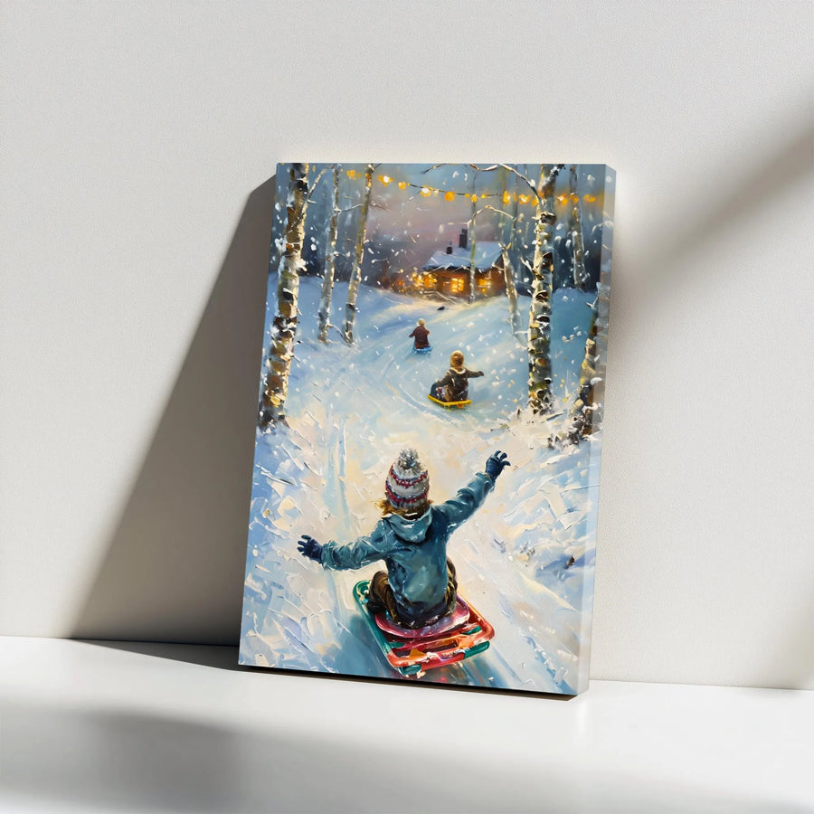 Kids Sledding Canvas Wall Art | Impressionist Winter Snow Landscape | Premium Gallery Wrap Print | Festive Holiday Home Decor