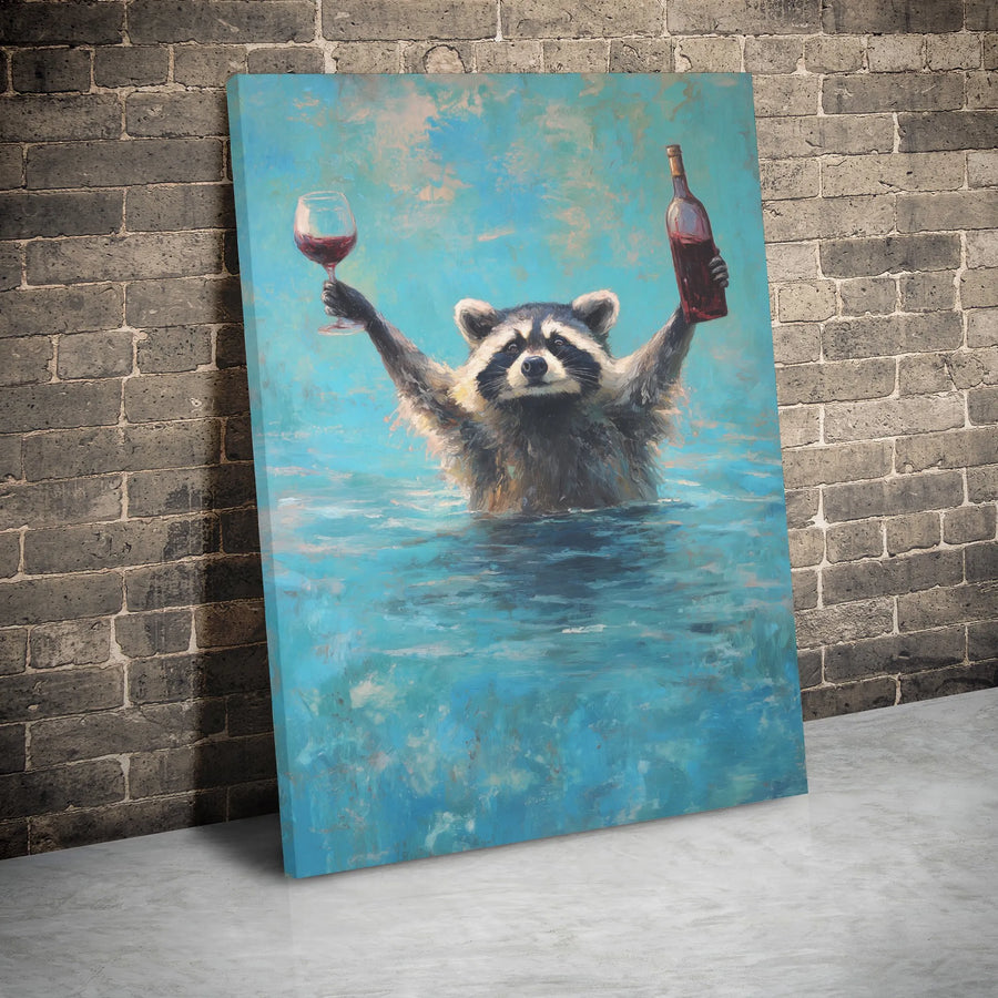 Raccoon Drinking Wine Canvas Art | Funny Animal Oil Painting Print | Premium Gallery Wrap Decor | Unique Gift For Wine Lovers & Home Bar