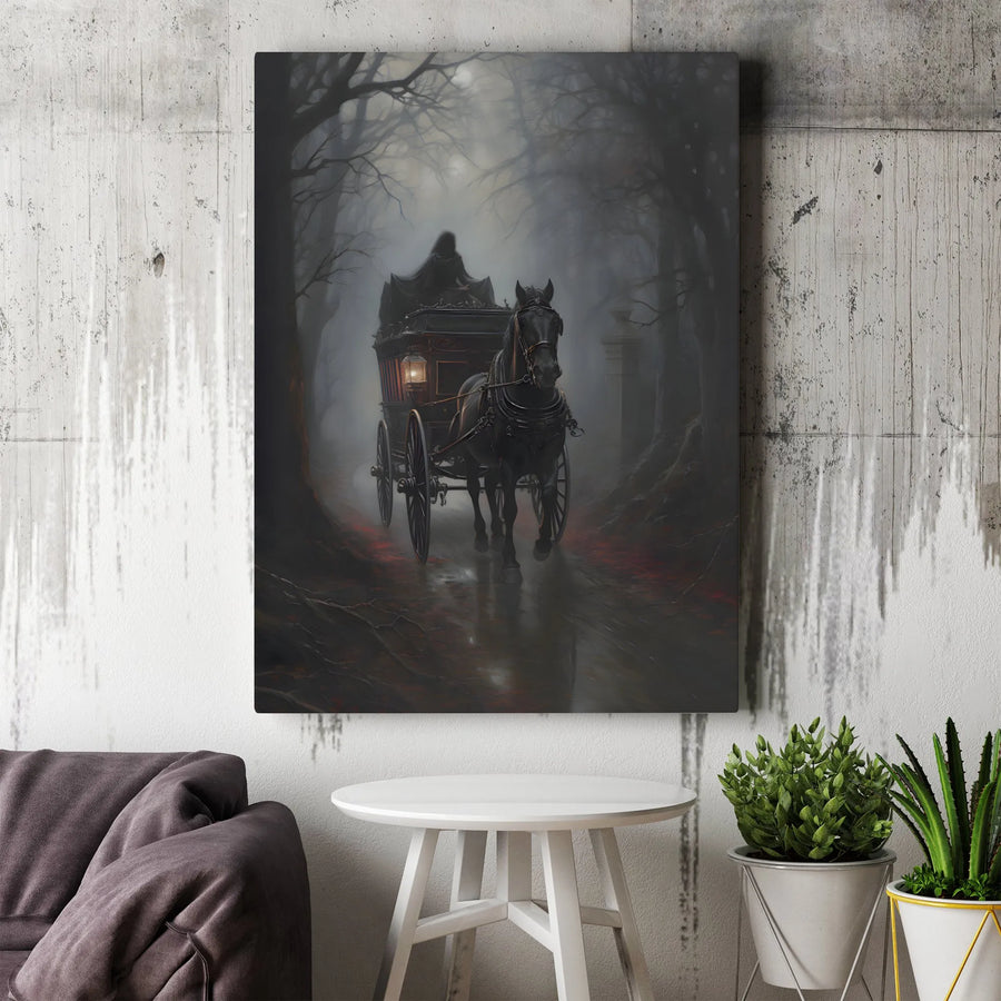 Gothic Grim Reaper Vertical Canvas | Horse Drawn Hearse in Haunted Forest | Premium Canvas Print | Gothic Home Decor Gift
