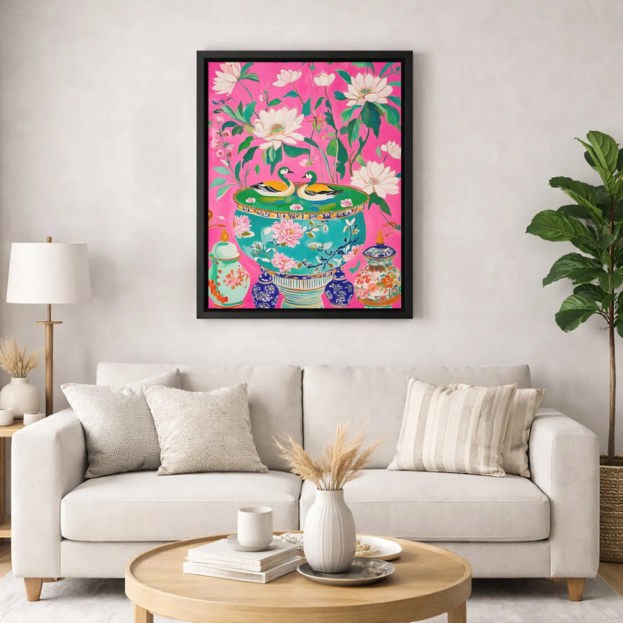 Chinoiserie Duck Canvas Wall Art | Vibrant Pink Lotus Floral Print | Premium Gallery Wrap Decor | Aesthetic Maximalist Home Gift