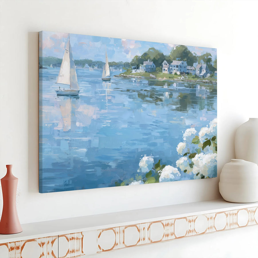 Coastal Sailboat Canvas Wall Art | Impressionist Seascape with Hydrangeas | Premium Gallery Wrap Decor | Ready to Hang Beach Home Gift