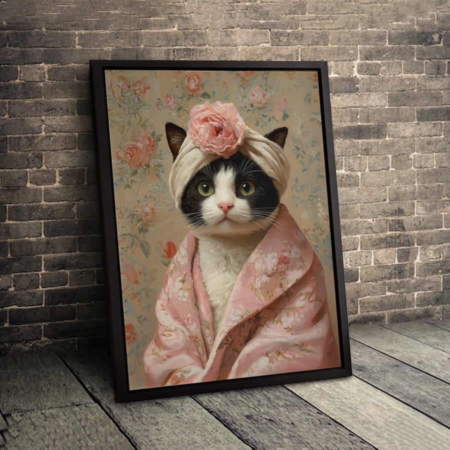 Cat Wall Art | Whimsical Spa Day Portrait in Pink Floral Robe | Premium 1.25" Gallery Canvas | Unique Bathroom Decor Gift for Cat Lovers