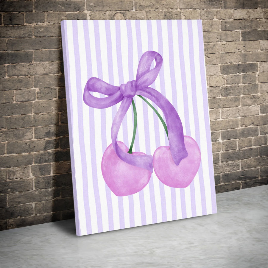 Purple Cherry Canvas Wall Art | Watercolor Fruit with Ribbon Bow | Premium Gallery Wrapped Print | Cute Aesthetic Bedroom Decor Gift